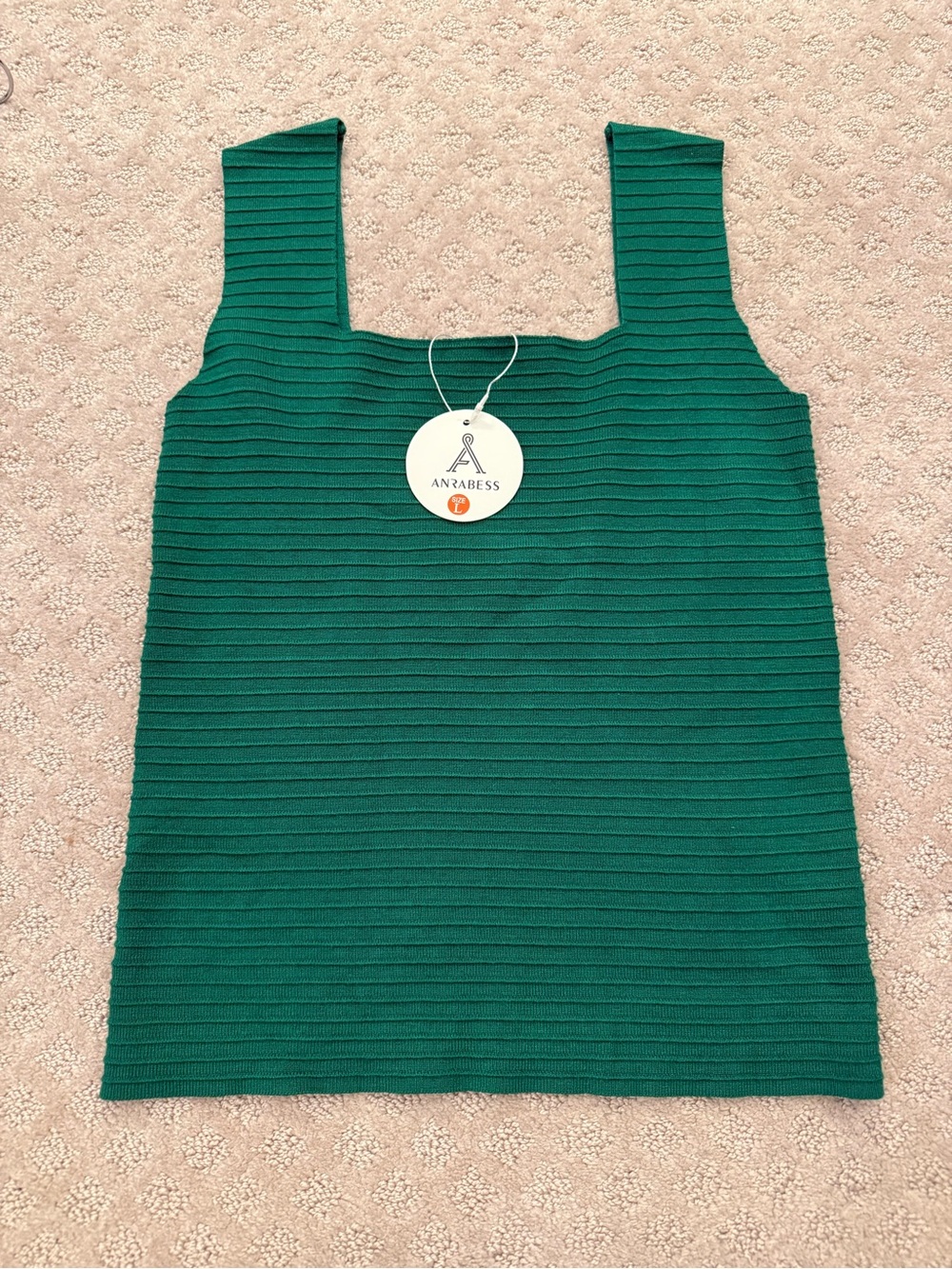 Green Ribbed Knit Square-Neck Tank Top Wide Strap Anrabess Large